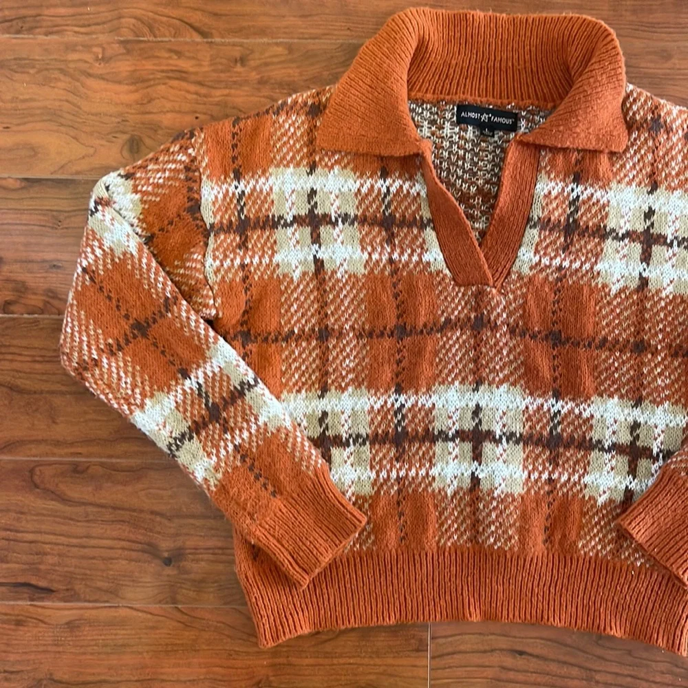 Almost Famous Orange Plaid V Neck Knit Sweater